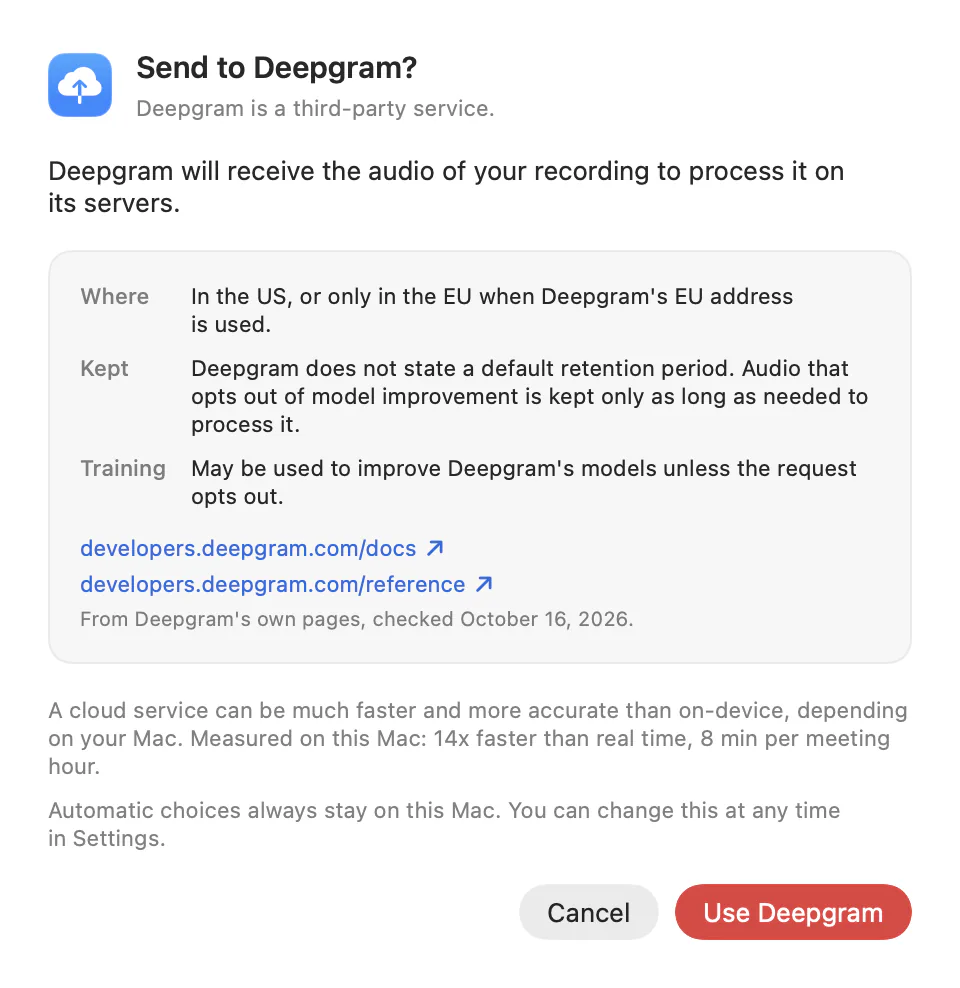 The sheet Pinna shows before audio goes to Deepgram: what it receives, where it is processed, how long it is kept, whether it is used for training, links to Deepgram's pages, and Cancel or Use Deepgram.