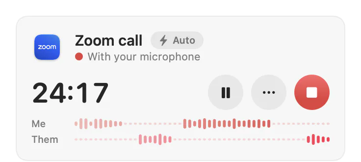 The Pinna menu while recording a Zoom call: the timer at 24:17, pause, more and stop buttons, and separate Me and Them level strips.
